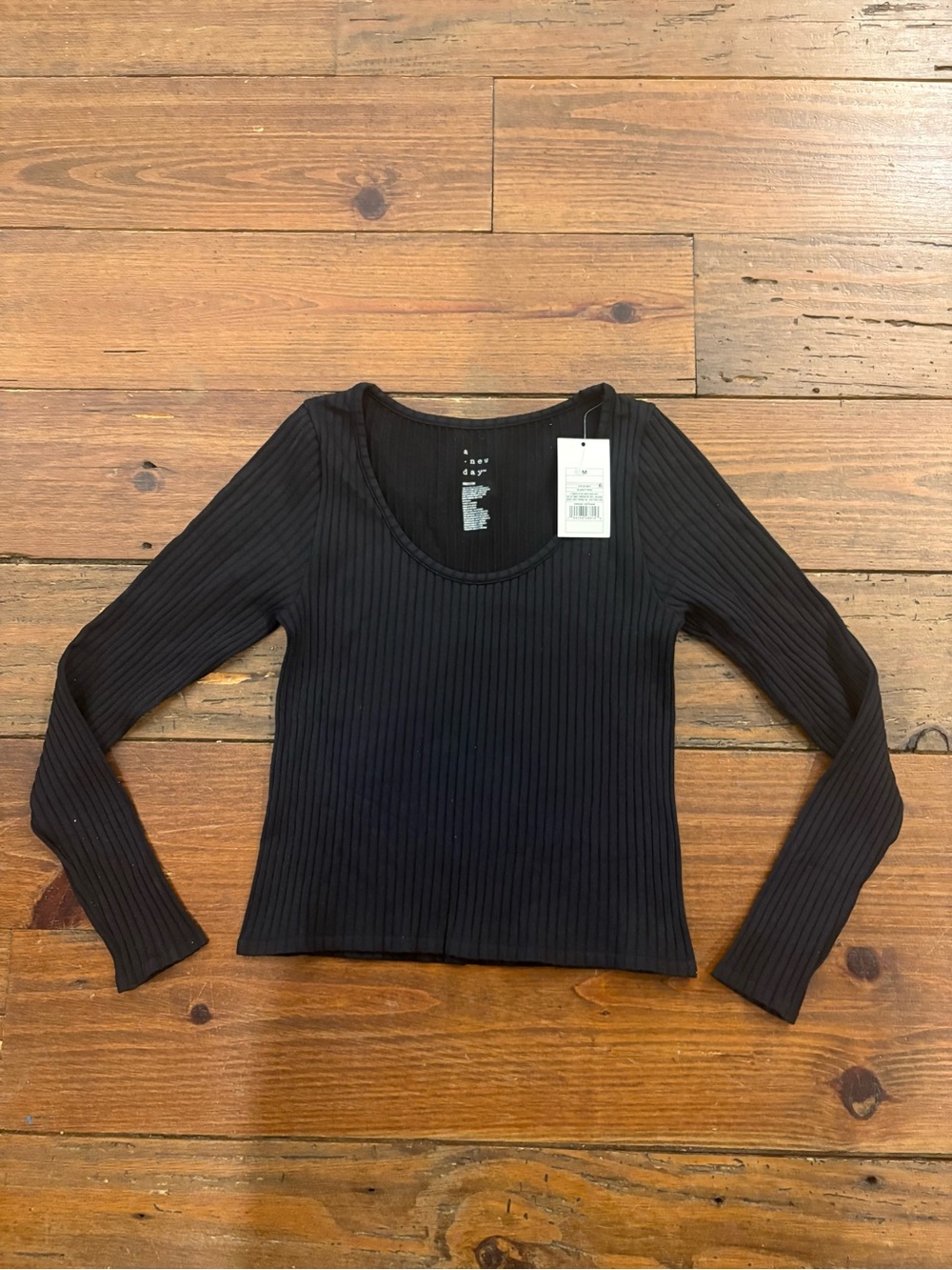 a new day Black Ribbed Long Sleeve Scoop Neck Top - Slim Fit